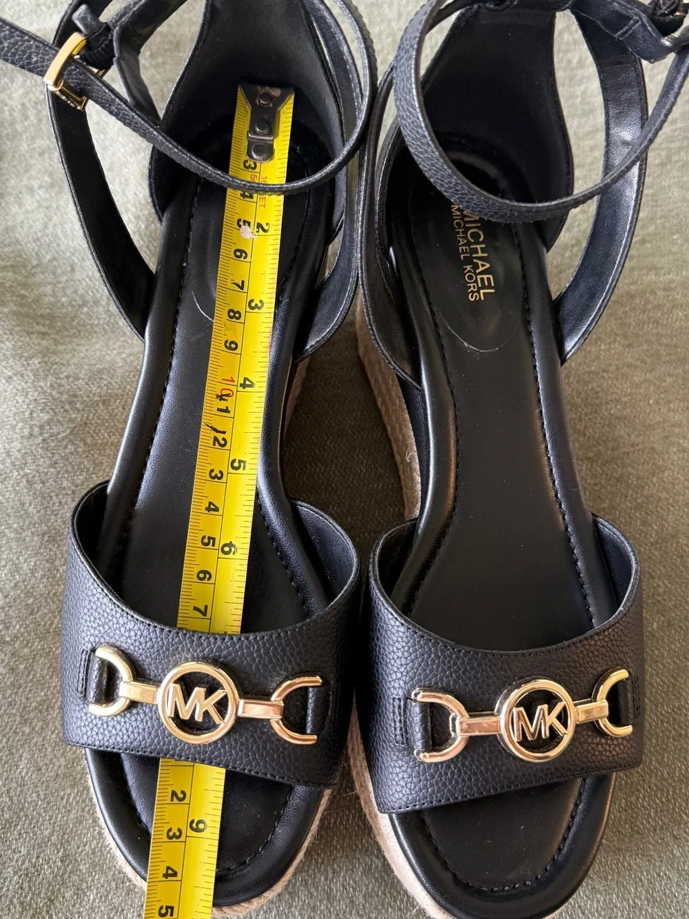 Michael Kors Black Leather Espadrille Wedge  Sandals with Gold MK Hardware